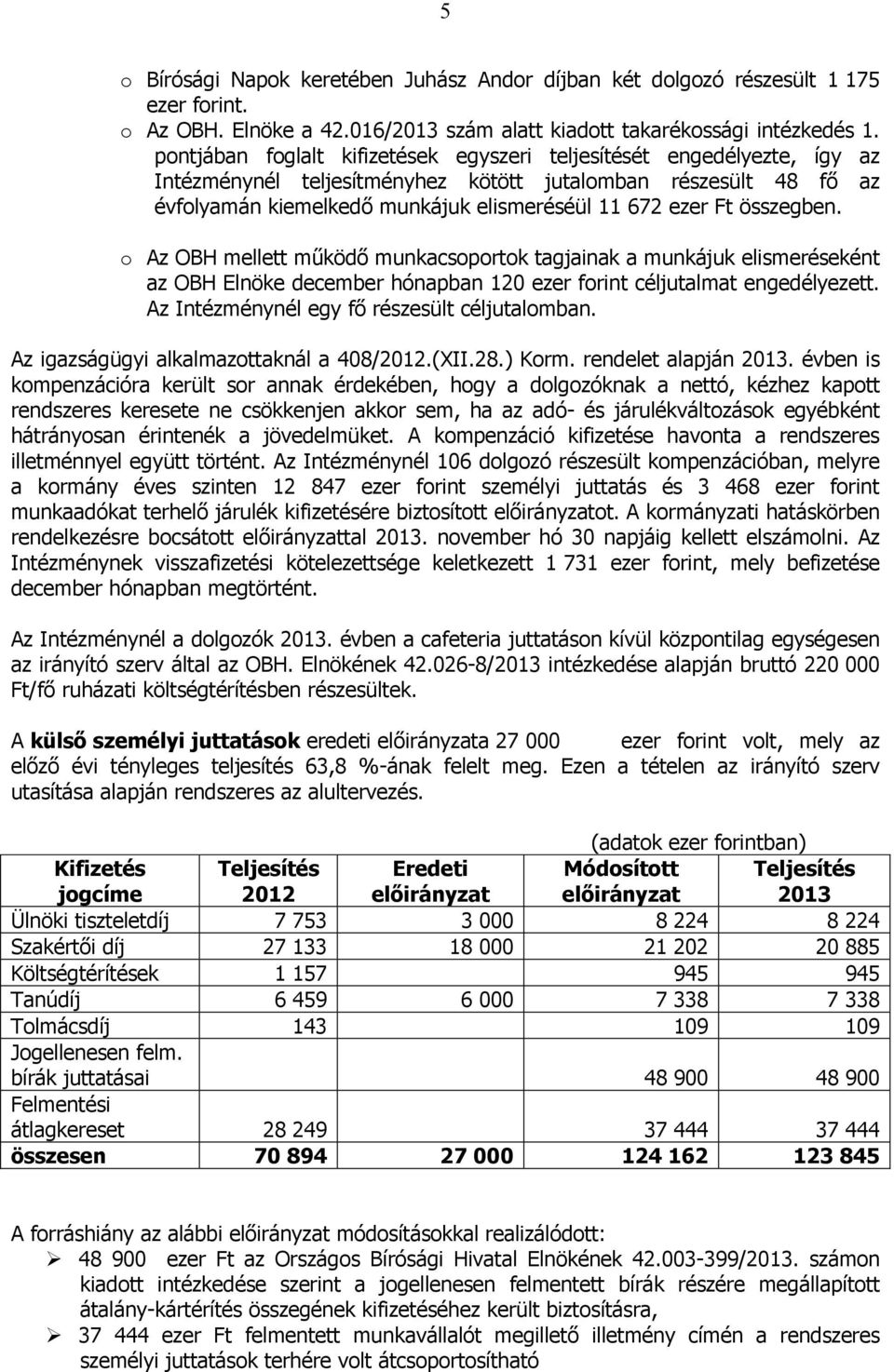 összegben. o Az OBH mellett mőködı munkacsoportok tagjainak a munkájuk elismeréseként az OBH Elnöke december hónapban 120 ezer forint céljutalmat engedélyezett.