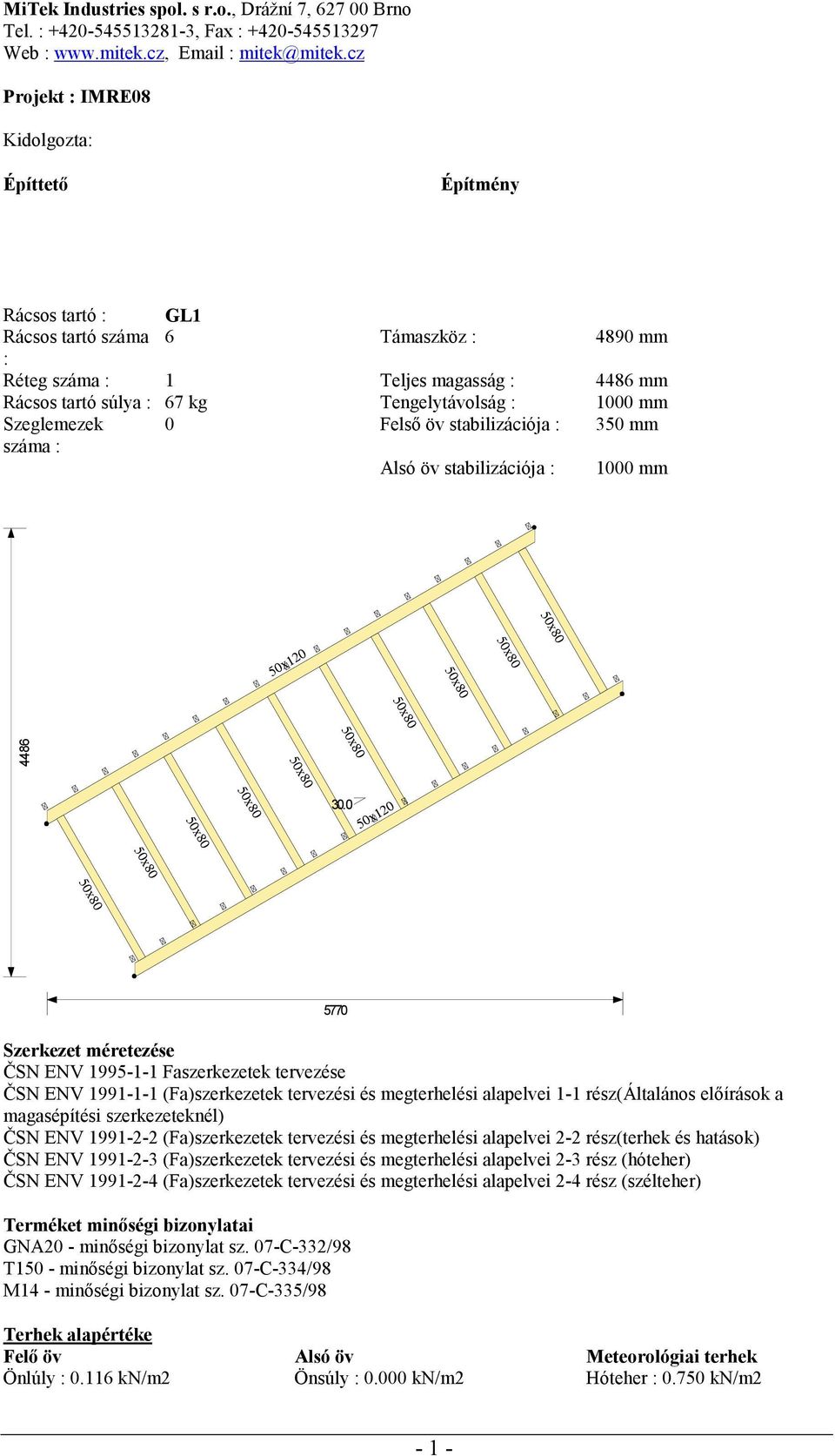 0 50x120 5770 Szerkezet méretezése ČSN ENV 1995-1-1 Faszerkezetek tervezése ČSN ENV 1991-1-1 (Fa)szerkezetek tervezési és megterhelési alapelvei 1-1 rész(általános előírások a magasépítési