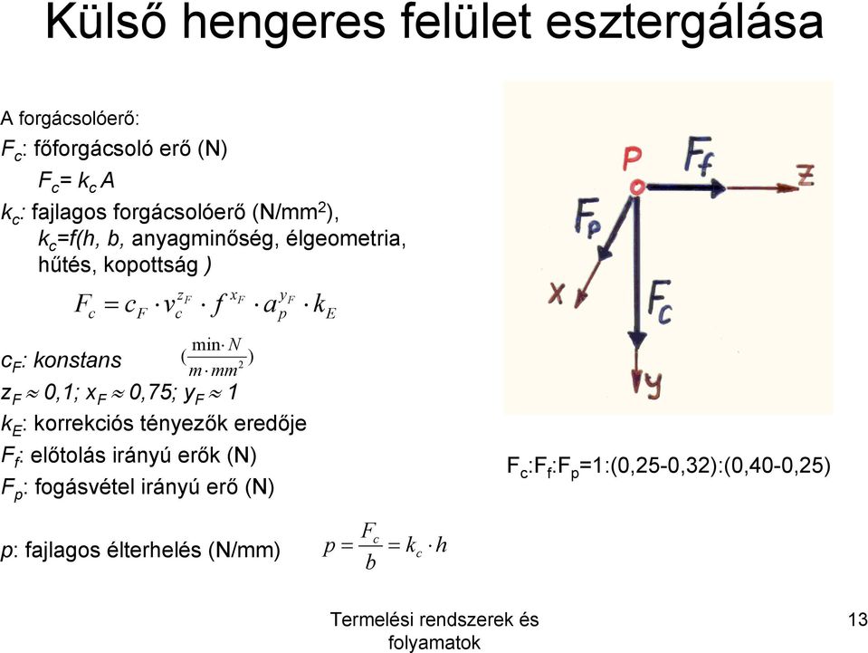 konstans m z F 0,1; x F 0,75; y F 1 k E : korrekciós tényezők eredője F : előtolás irányú erők (N) F p :