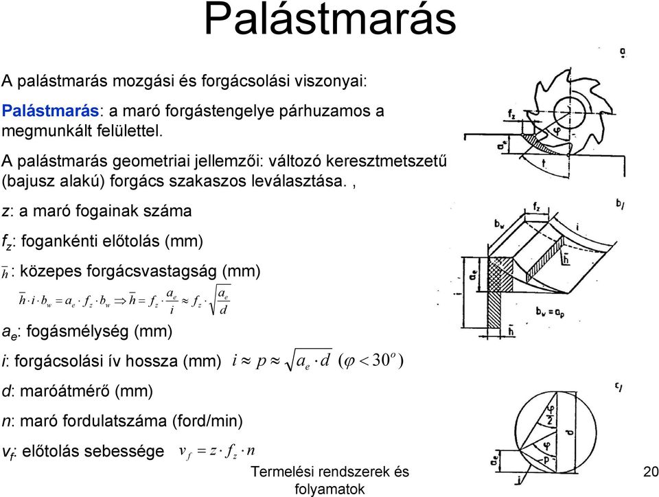 , z: a maró ogainak száma z : ogankénti előtolás () h : közepes orgácsvastagság () h i b w a e z b w h z a i a e : ogásmélység