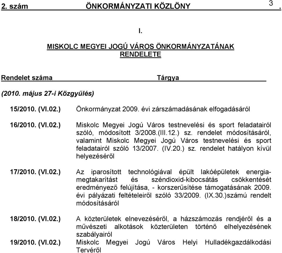 sport feladatairól szóló 13/2007 (IV20) sz rendelet hatályon kívül helyezéséről 17/2010 (VI02) Az iparosított technológiával épült lakóépületek energiamegtakarítást és széndioxid-kibocsátás