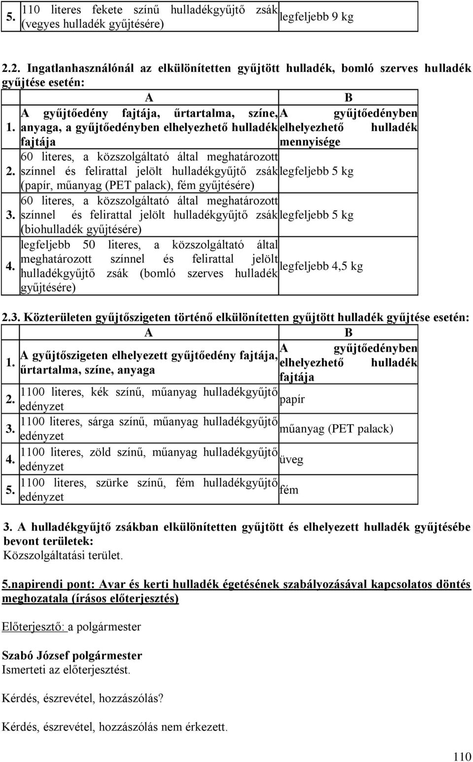 anyaga, a gyűjtőedényben elhelyezhető hulladék elhelyezhető hulladék fajtája mennyisége 60 literes, a közszolgáltató által meghatározott 2.