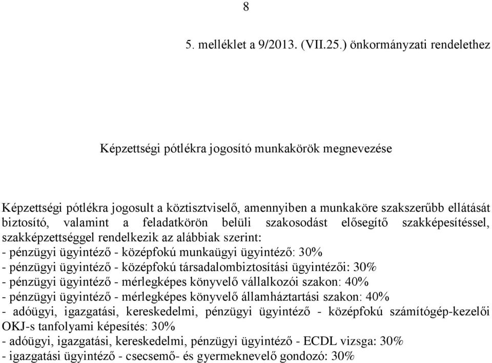 feladatkörön belüli szakosodást elősegítő szakképesítéssel, szakképzettséggel rendelkezik az alábbiak szerint: - pénzügyi ügyintéző - középfokú munkaügyi ügyintéző: 30% - pénzügyi ügyintéző -