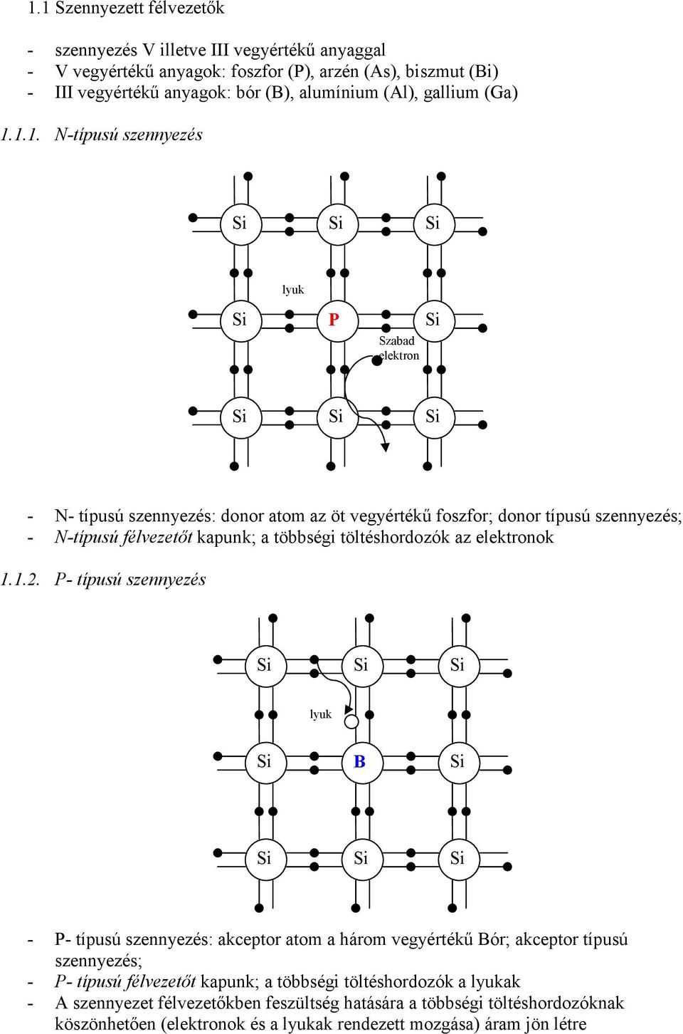 1.1. N-típusú szennyezés Si Si Si lyuk Si P Si Szabad elektron - N- típusú szennyezés: donor atom az öt vegyértékő foszfor; donor típusú szennyezés; - N-típusú félvezetıt kapunk; a többségi