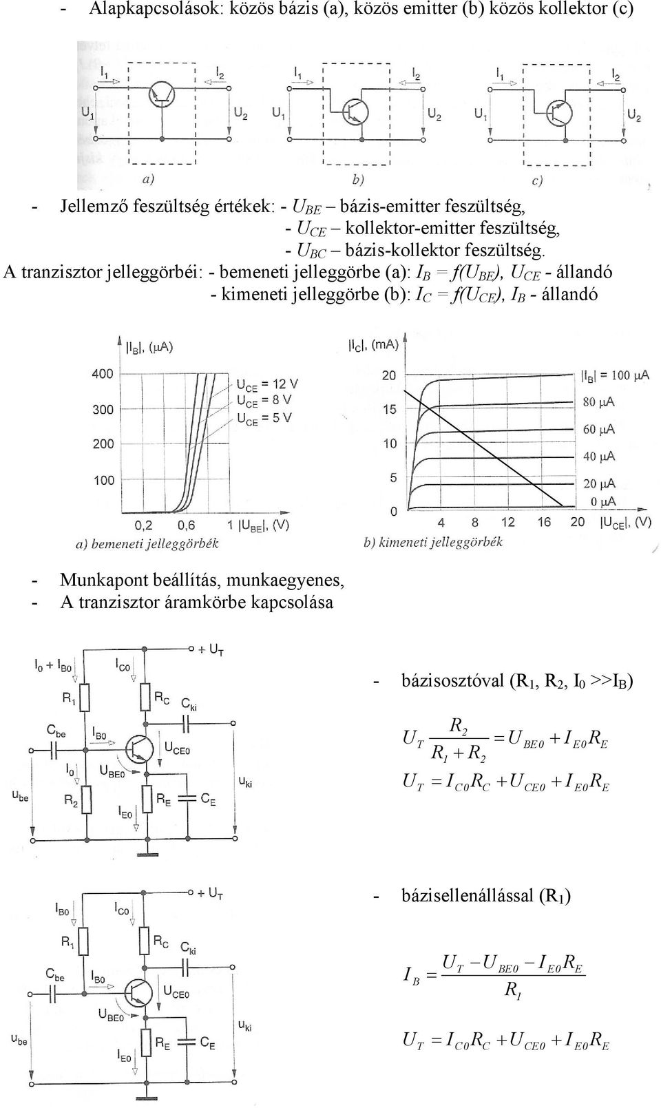 A tranzisztor jelleggörbéi: - bemeneti jelleggörbe (a): B = f( B ), C - állandó - kimeneti jelleggörbe (b): C = f( C ), B - állandó