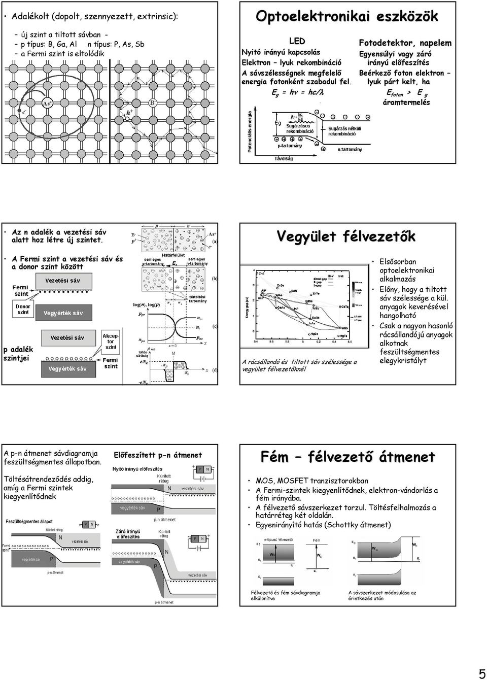 E g = hν = hc/λ Fotodetektor, napelem Egyensúlyi vagy záró irányú elıfeszítés Beérkezı foton elektron lyuk párt kelt, ha E foton > E g áramtermelés Az n adalék a vezetési sáv alatt hoz létre új