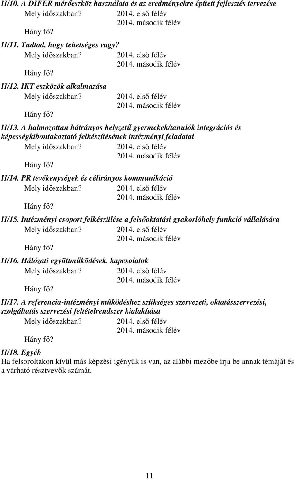 Intézményi csoport felkészülése a felsőoktatási gyakorlóhely funkció vállalására II/16. Hálózati együttműködések, kapcsolatok II/17.