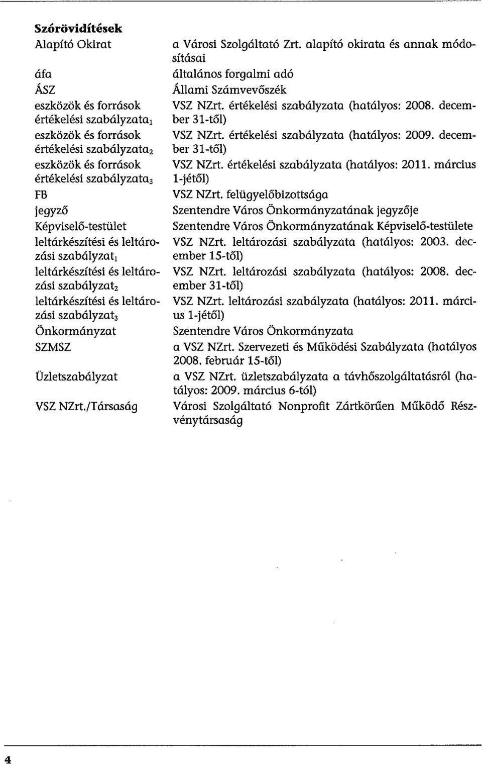 /T ársaság a Városi Szolgáltató Zrt. alapító okirata és annak módosításai általános forgalmi adó Állami Számvevőszék VSZ NZrt. értékelési szabályzata (hatályos: 2008. december 31-től) VSZ NZrt.