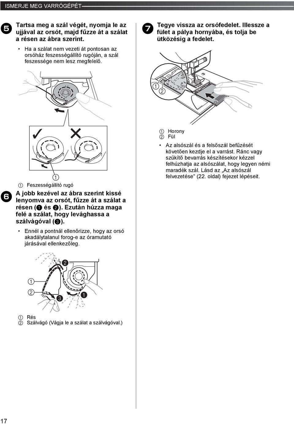 Horony Fül Feszességállító rugó A jobb kezével az ábra szerint kissé 6 lenyomva az orsót, fűzze át a szálat a résen ( és ). Ezután húzza maga felé a szálat, hogy levághassa a szálvágóval ().