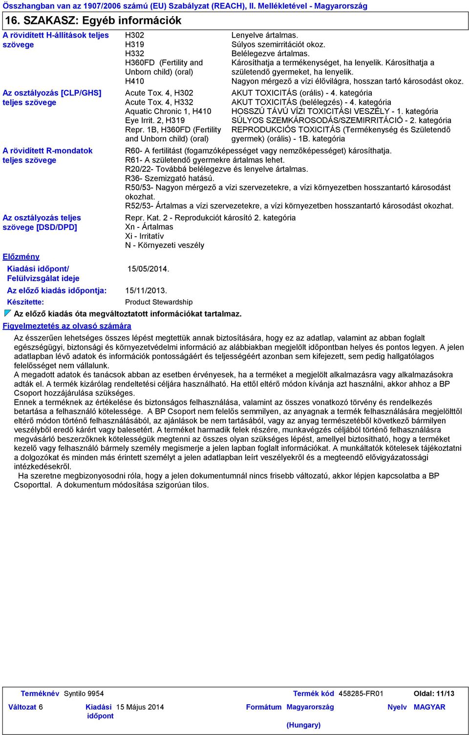 Kiadási / Felülvizsgálat ideje Az előző kiadás ja: Készítette: Figyelmeztetés az olvasó számára H302 H319 H332 H360FD (Fertility and Unborn child) (oral) H410 Acute Tox. 4, H302 Acute Tox.