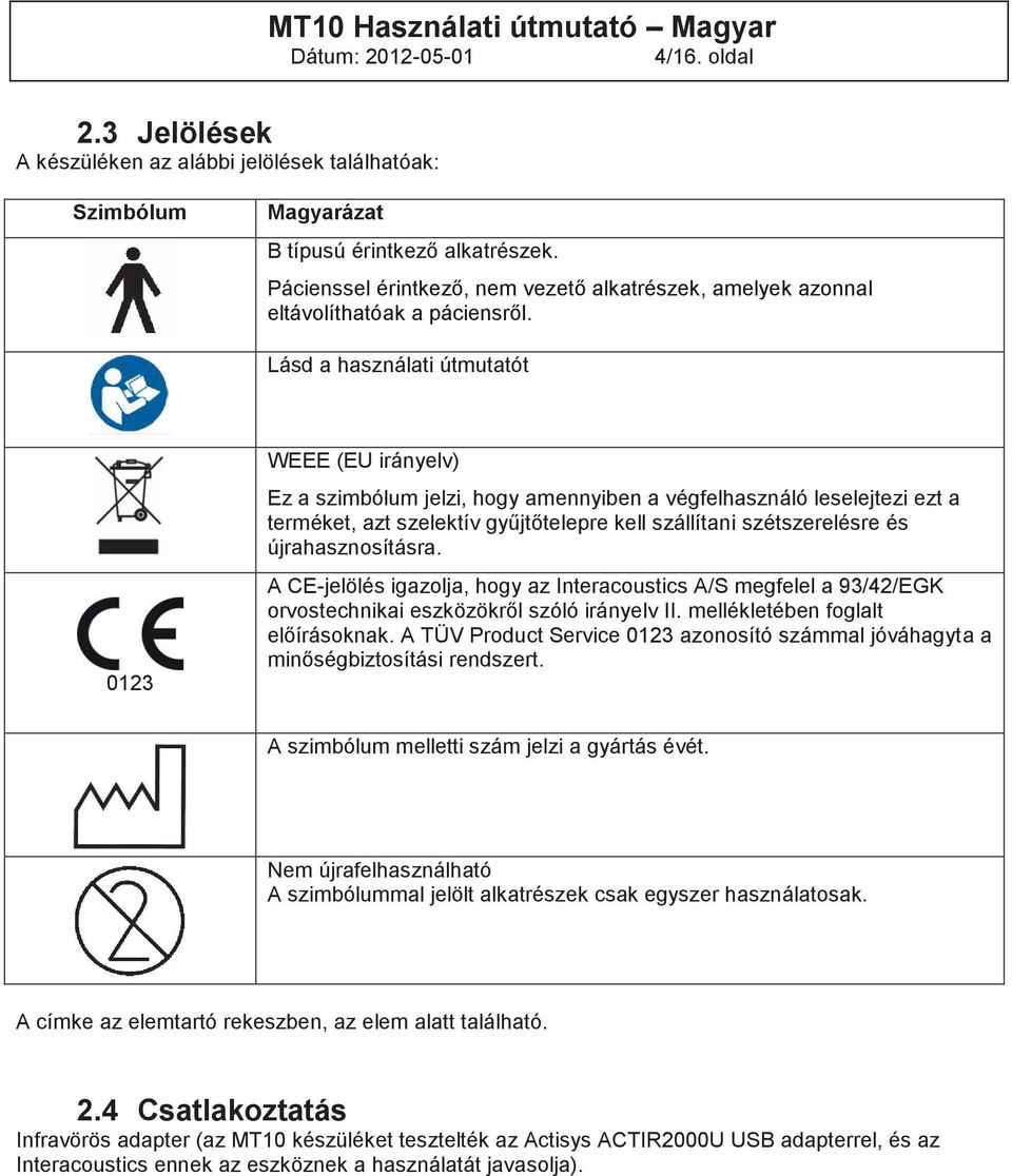 Lásd a használati útmutatót 0123 WEEE (EU irányelv) Ez a szimbólum jelzi, hogy amennyiben a végfelhasználó leselejtezi ezt a terméket, azt szelektív gyűjtőtelepre kell szállítani szétszerelésre és