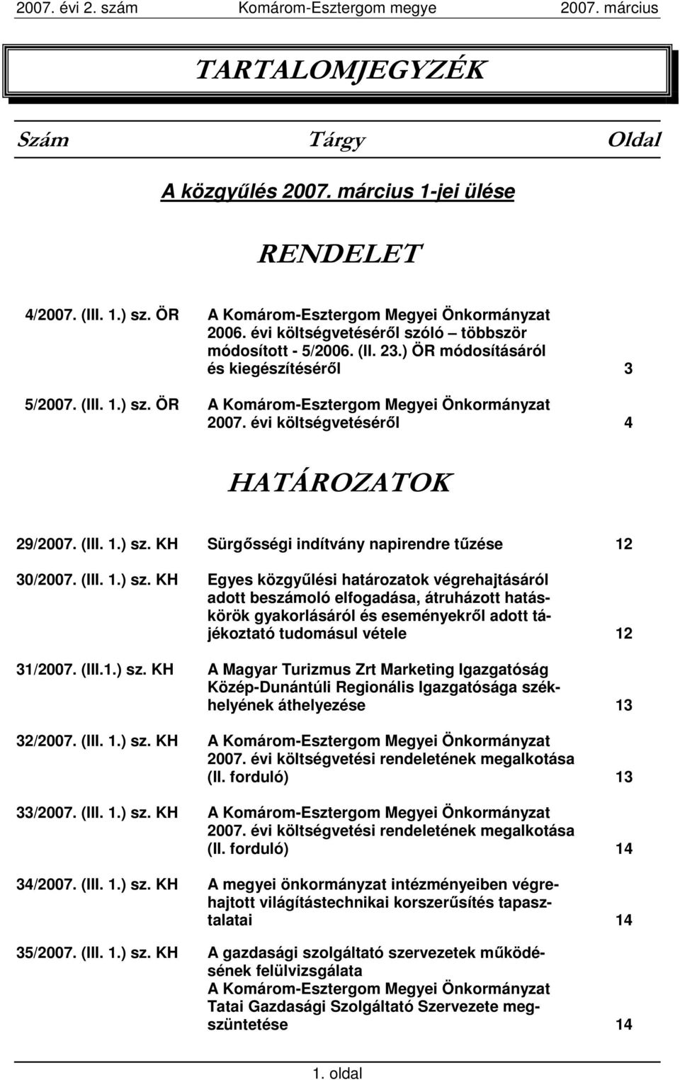 évi költségvetésérıl 4 HATÁROZATOK 29/2007. (III. 1.) sz.