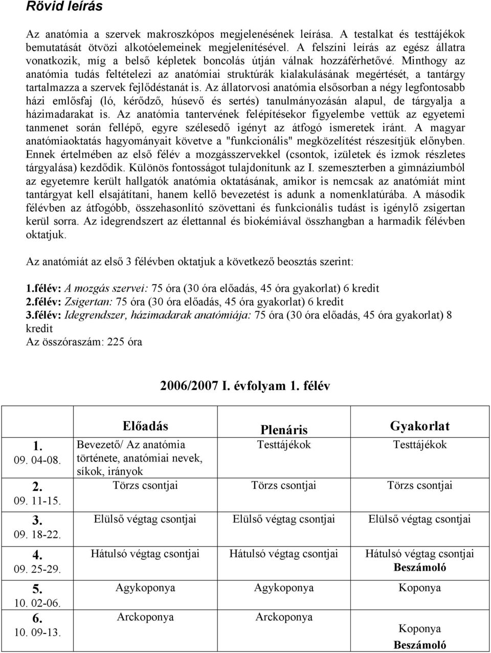 Minthogy az anatómia tudás feltételezi az anatómiai struktúrák kialakulásának megértését, a tantárgy tartalmazza a szervek fejlődéstanát is.