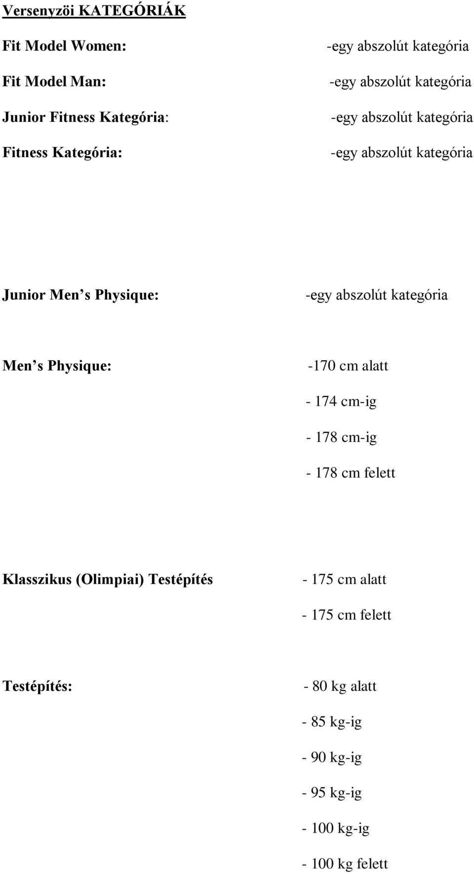 178 cm-ig - 178 cm felett Klasszikus (Olimpiai) Testépítés - 175 cm alatt - 175 cm