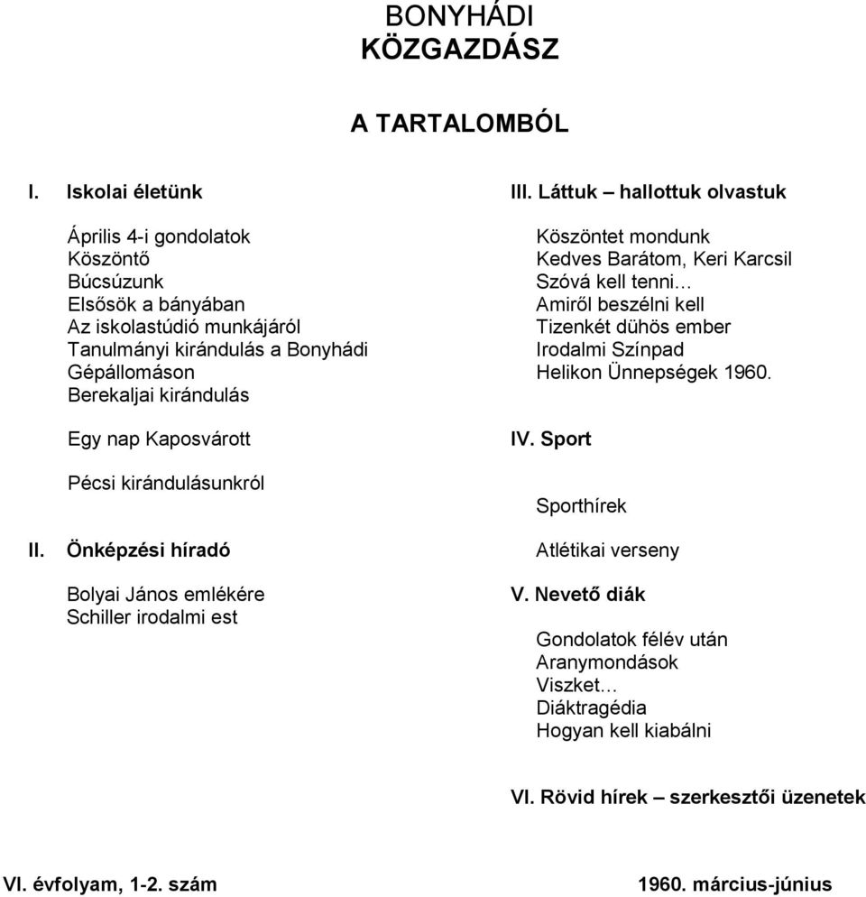 Az iskolastúdió munkájáról Tizenkét dühös ember Tanulmányi kirándulás a Bonyhádi Irodalmi Színpad Gépállomáson Helikon Ünnepségek 1960.