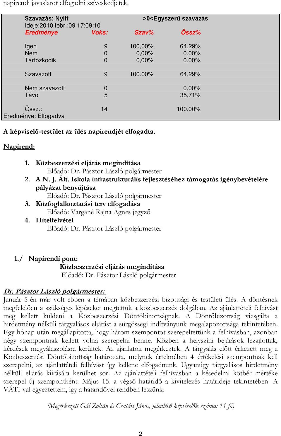 00% Eredménye: Elfogadva A -testület az ülés napirendjét elfogadta. Napirend: 1. Közbeszerzési eljárás megindítása Előadó: Dr. Pásztor László polgármester 2. A N. J. Ált.