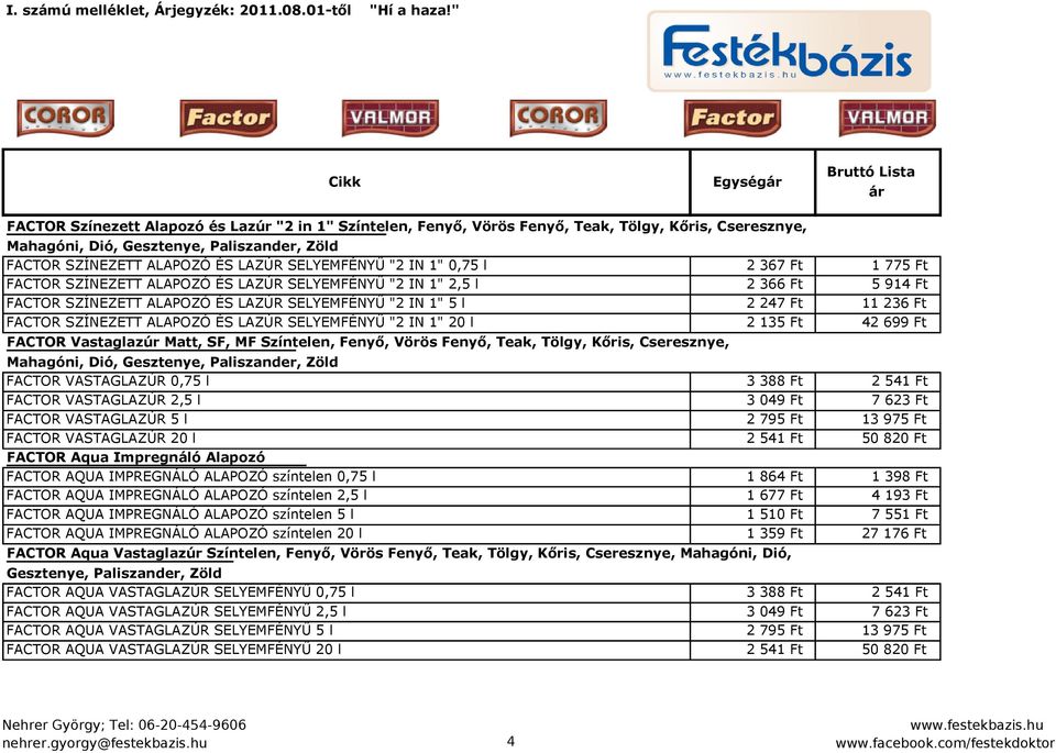 Ft FACTOR SZÍNEZETT ALAPOZÓ ÉS LAZÚR SELYEMFÉNYŰ "2 IN 1" 20 l 2 135 Ft 42 699 Ft FACTOR Vastaglazúr Matt, SF, MF Színtelen, Fenyő, Vörös Fenyő, Teak, Tölgy, Kőris, Cseresznye, Mahagóni, Dió,