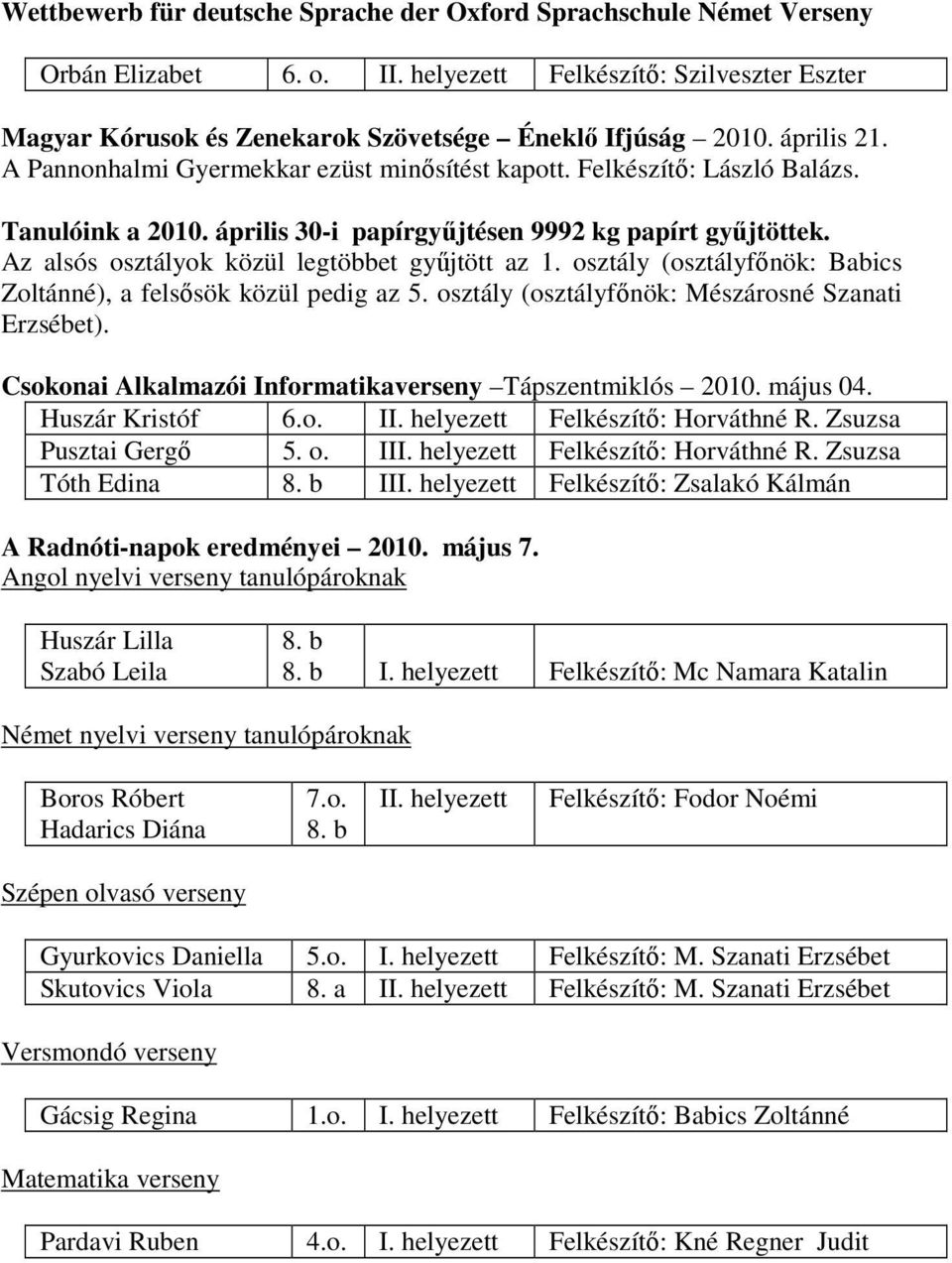 Az alsós osztályok közül legtöbbet győjtött az 1. osztály (osztályfınök: Babics Zoltánné), a felsısök közül pedig az 5. osztály (osztályfınök: Mészárosné Szanati Erzsébet).