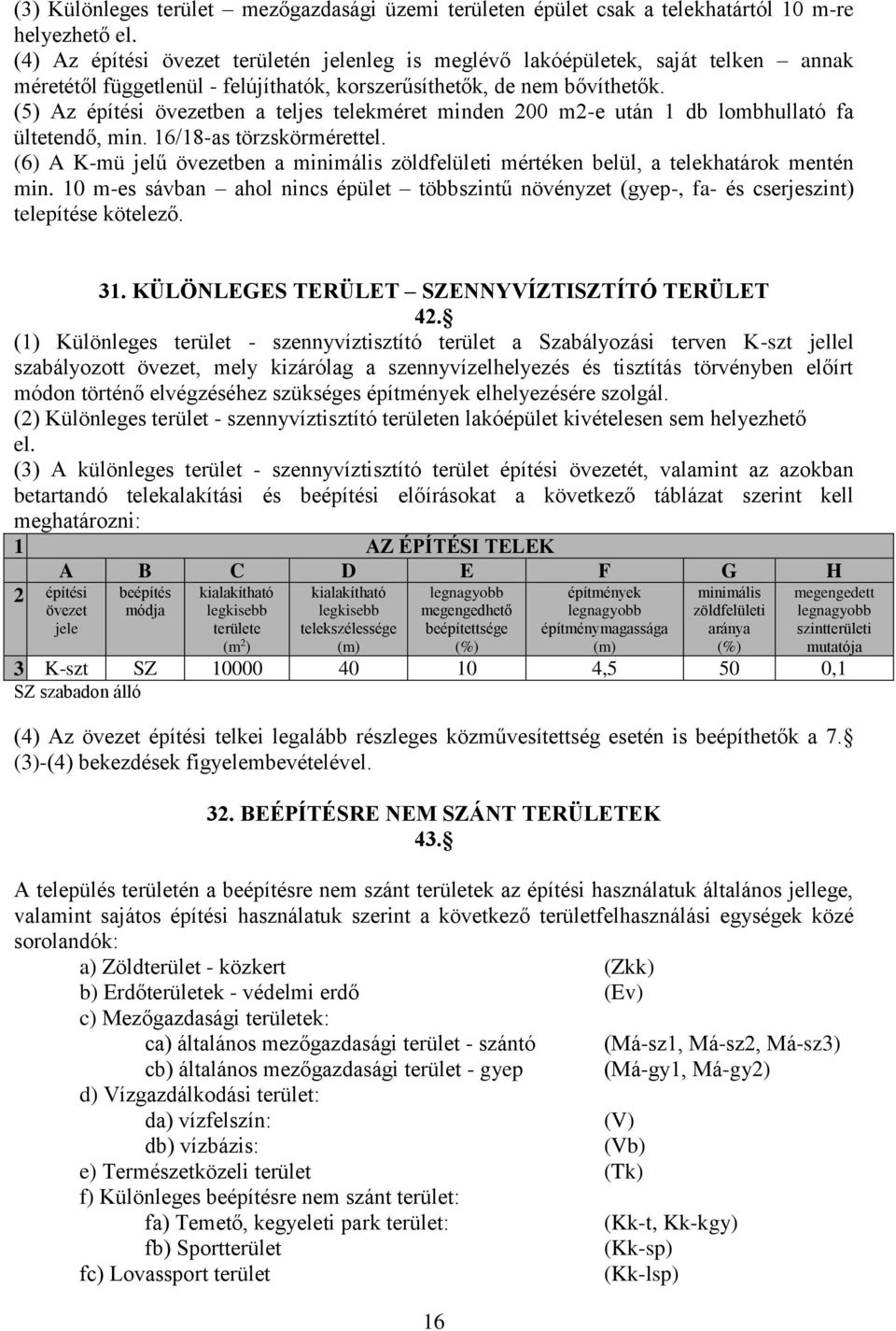 (5) Az építési övezetben a teljes telekméret minden 200 m2-e után 1 db lombhullató fa ültetendő, min. 16/18-as törzskörmérettel.