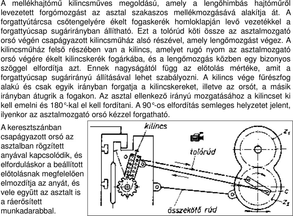 Ezt a tolórúd köti össze az asztalmozgató orsó végén csapágyazott kilincsmőház alsó részével, amely lengımozgást végez.