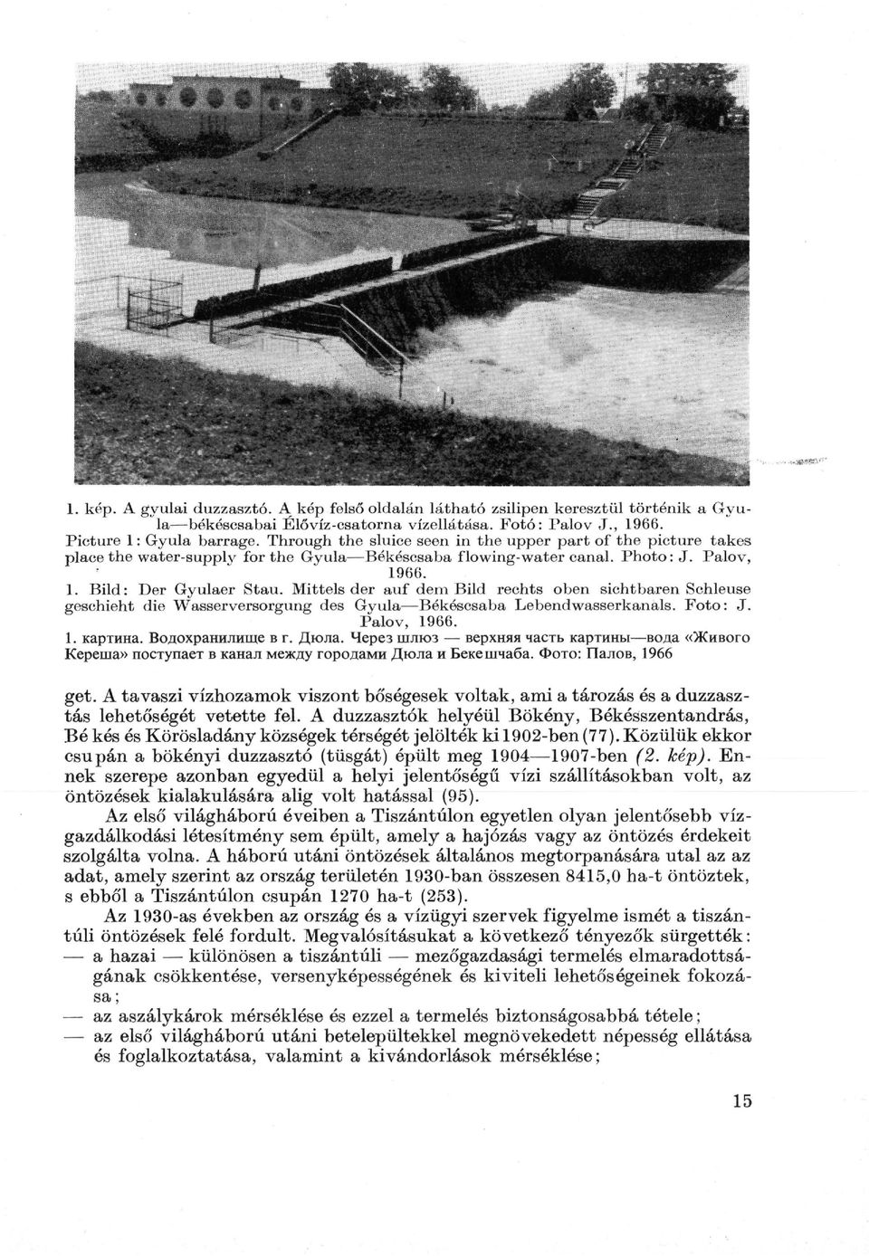 Mittels der auf dem Bild rechts oben sichtbaren Schleuse geschieht die Wasserversorgung des Gyula Békéscsaba Lebendwasserkanals. Foto: J. Palov, 1966. 1. картина. Водохранилище в г. Дюла.