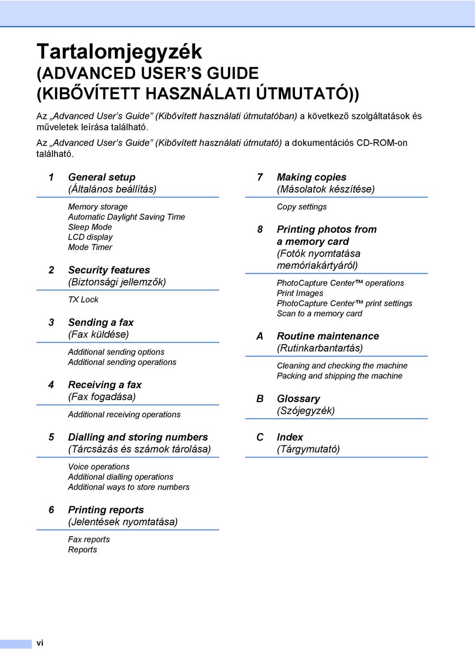 1 General setup (Általános beállítás) Memory storage Automatic Daylight Saving Time Sleep Mode LCD display Mode Timer 2 Security features (Biztonsági jellemzők) TX Lock 3 Sending a fax (Fax küldése)