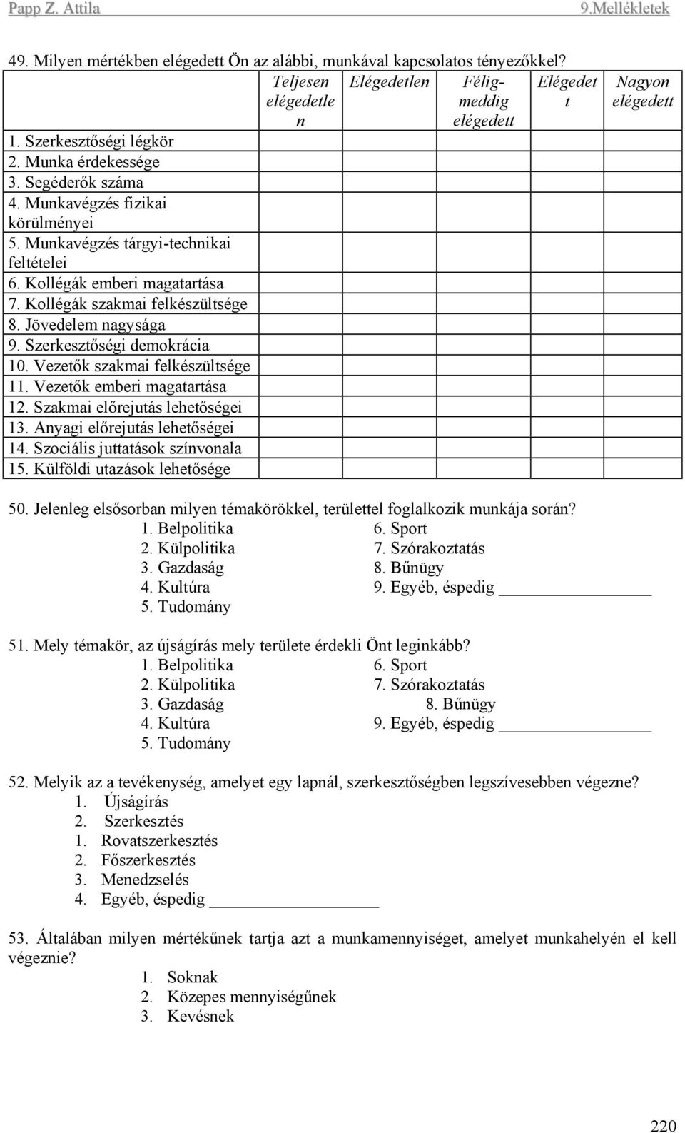 Szerkesztőségi demokrácia 10. Vezetők szakmai felkészültsége 11. Vezetők emberi magatartása 12. Szakmai előrejutás lehetőségei 13. Anyagi előrejutás lehetőségei 14. Szociális juttatások színvonala 15.