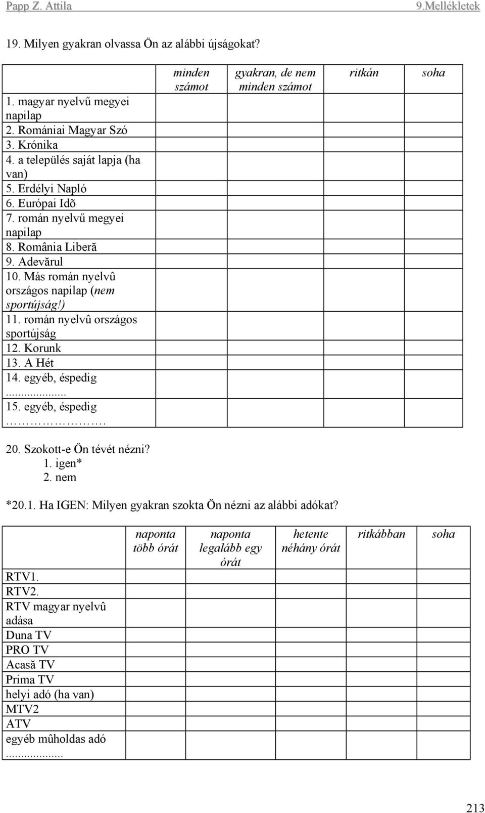 .. 15. egyéb, éspedig. minden számot gyakran, de nem minden számot ritkán soha 20. Szokott-e Ön tévét nézni? 1. igen* 2. nem *20.1. Ha IGEN: Milyen gyakran szokta Ön nézni az alábbi adókat?