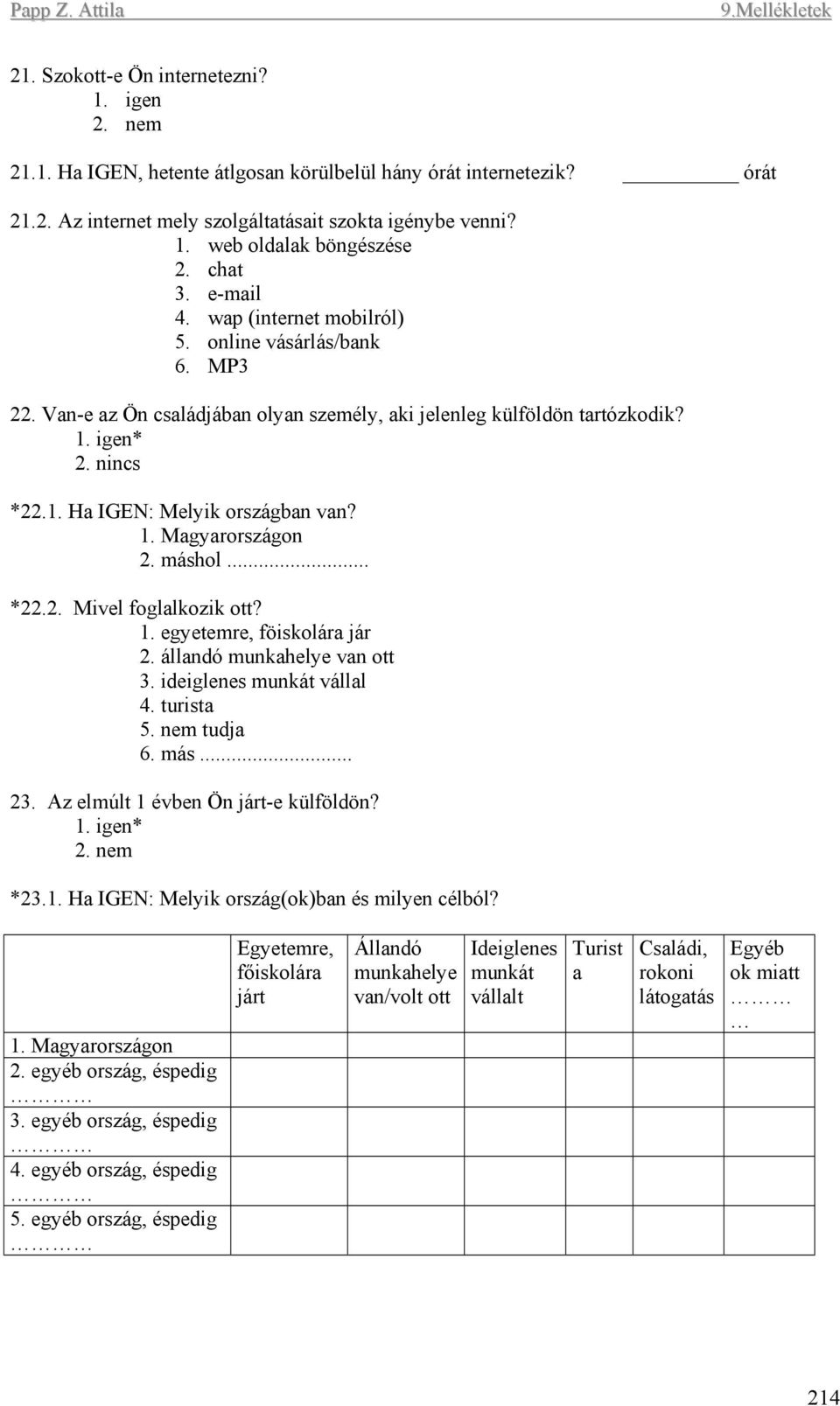 1. Magyarországon 2. máshol... *22.2. Mivel foglalkozik ott? 1. egyetemre, föiskolára jár 2. állandó munkahelye van ott 3. ideiglenes munkát vállal 4. turista 5. nem tudja 6. más... 23.