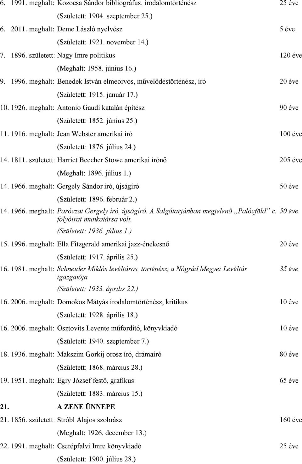 meghalt: Antonio Gaudí katalán építész 90 éve (Született: 1852. június 25.) 11. 1916. meghalt: Jean Webster amerikai író 100 éve (Született: 1876. július 24.) 14. 1811.