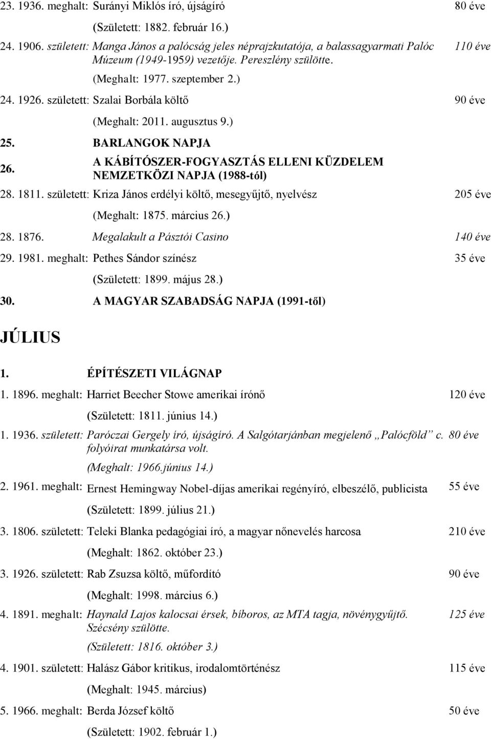 született: Szalai Borbála költő 90 éve (Meghalt: 2011. augusztus 9.) 25. BARLANGOK NAPJA 26. A KÁBÍTÓSZER-FOGYASZTÁS ELLENI KÜZDELEM NEMZETKÖZI NAPJA (1988-tól) 28. 1811.