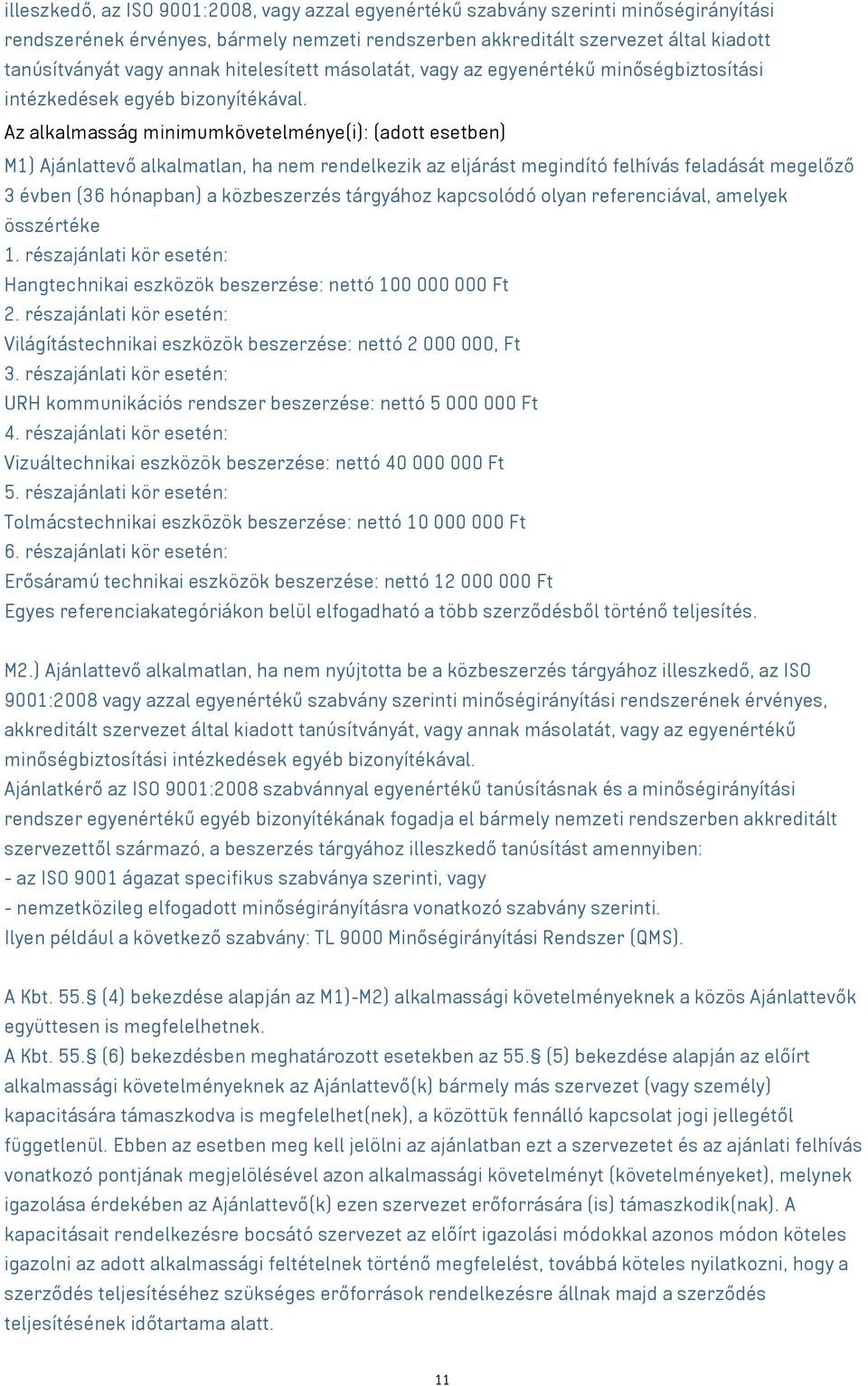 Az alkalmasság minimumkövetelménye(i): (adott esetben) M1) Ajánlattevő alkalmatlan, ha nem rendelkezik az eljárást megindító felhívás feladását megelőző 3 évben (36 hónapban) a közbeszerzés tárgyához