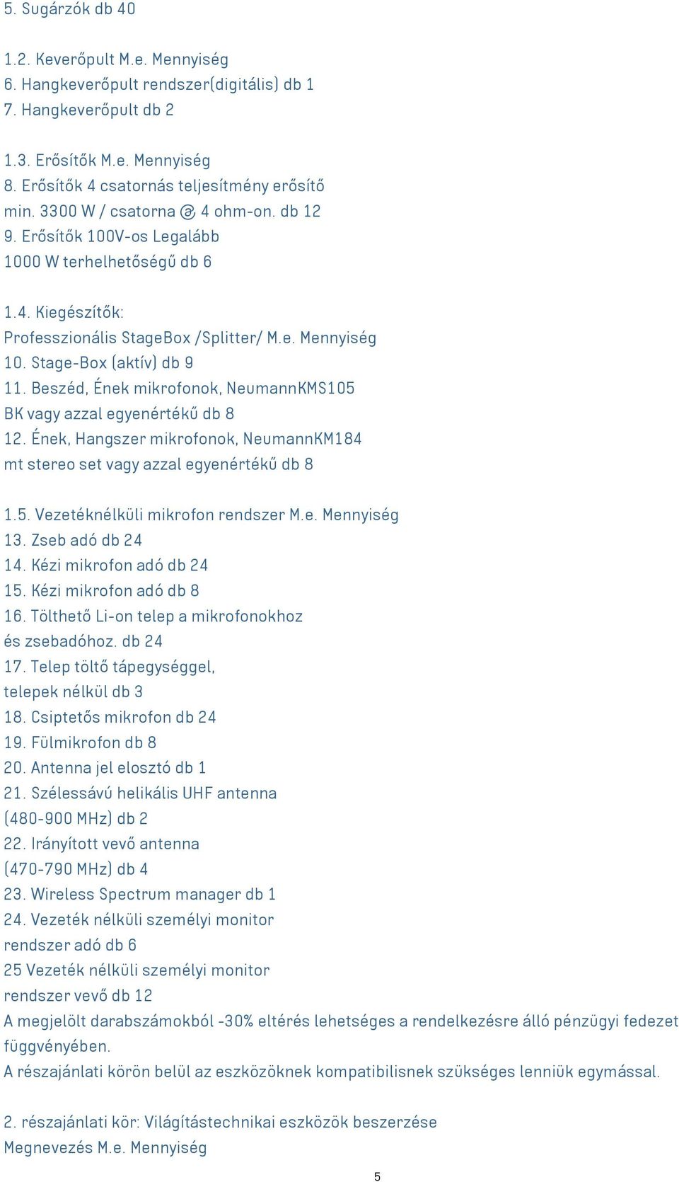 Beszéd, Ének mikrofonok, NeumannKMS105 BK azzal egyenértékű db 8 12. Ének, Hangszer mikrofonok, NeumannKM184 mt stereo set azzal egyenértékű db 8 1.5. Vezetéknélküli mikrofon rendszer M.e. Mennyiség 13.