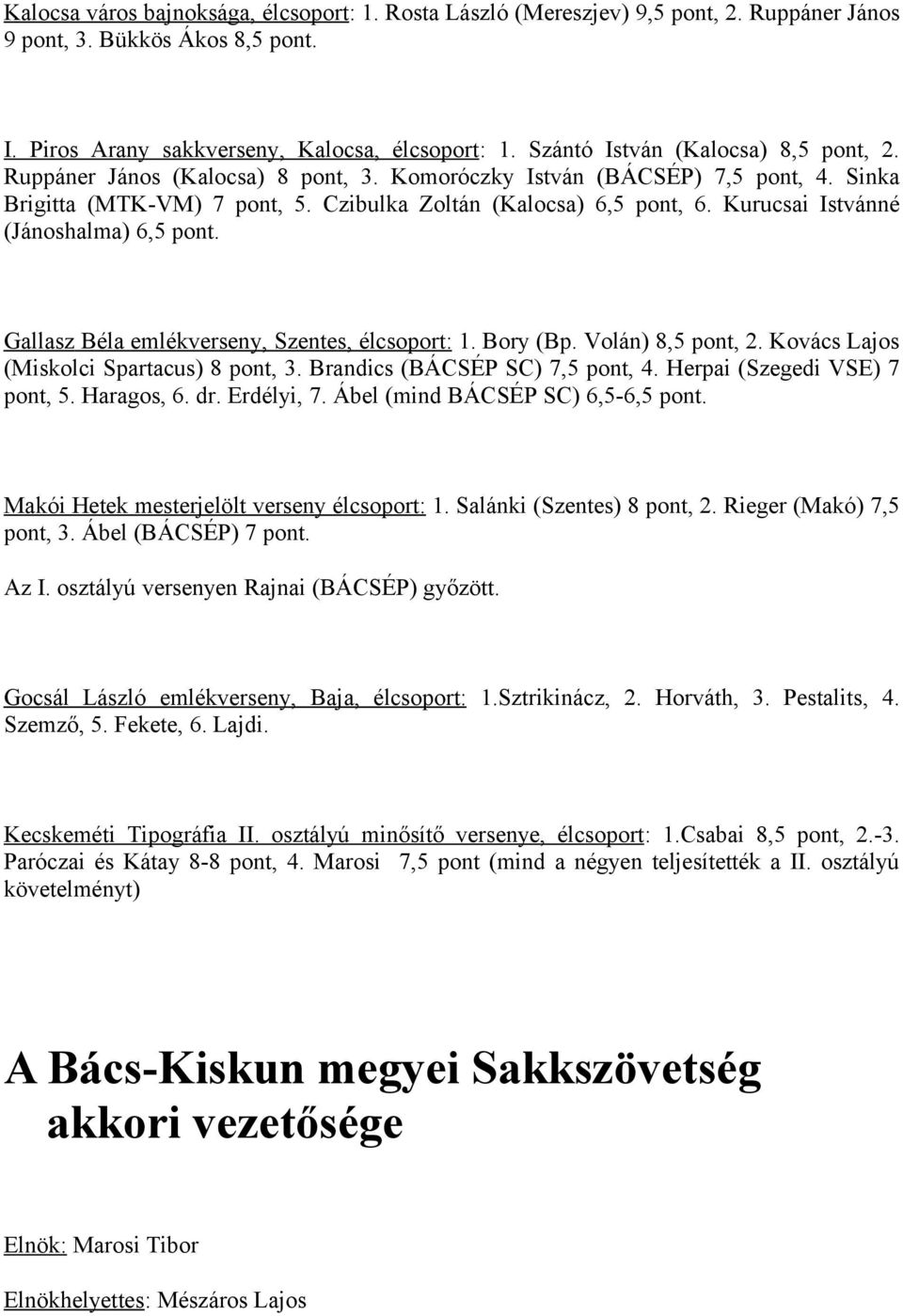 Kurucsai Istvánné (Jánoshalma) 6,5 pont. Gallasz Béla emlékverseny, Szentes, élcsoport: 1. Bory (Bp. Volán) 8,5 pont, 2. Kovács Lajos (Miskolci Spartacus) 8 pont, 3. Brandics (BÁCSÉP SC) 7,5 pont, 4.