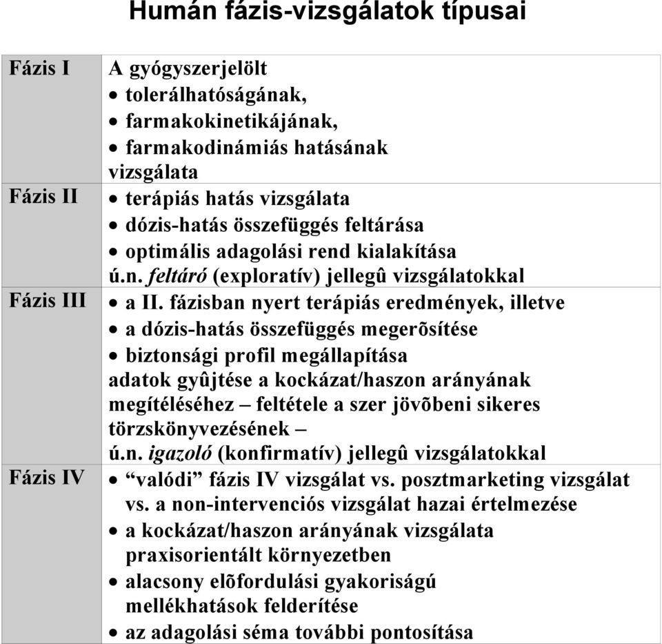 fázisban nyert terápiás eredmények, illetve a dózis-hatás összefüggés megerõsítése biztonsági profil megállapítása adatok gyûjtése a kockázat/haszon arányának megítéléséhez feltétele a szer jövõbeni