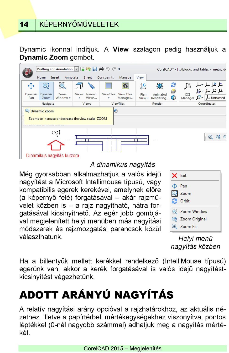 rajzművelet közben is a rajz nagyítható, hátra forgatásával kicsinyíthető. Az egér jobb gombjával megjelenített helyi menüben más nagyítási módszerek és rajzmozgatási parancsok közül választhatunk.