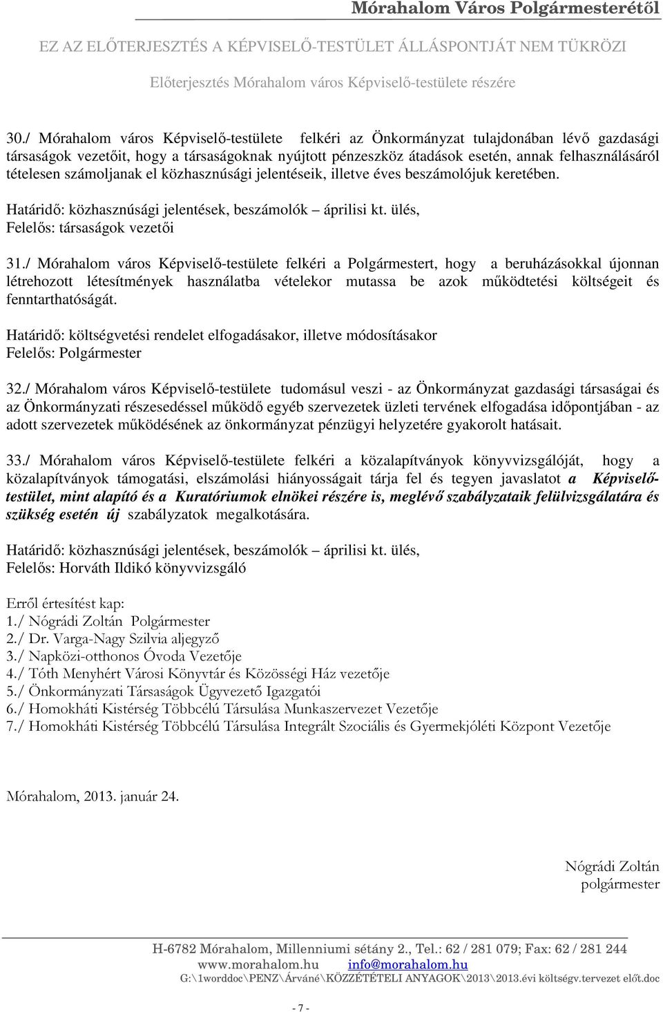 tételesen számoljanak el közhasznúsági jelentéseik, illetve éves beszámolójuk keretében. Határidő: közhasznúsági jelentések, beszámolók áprilisi kt. ülés, Felelős: társaságok vezetői 31.