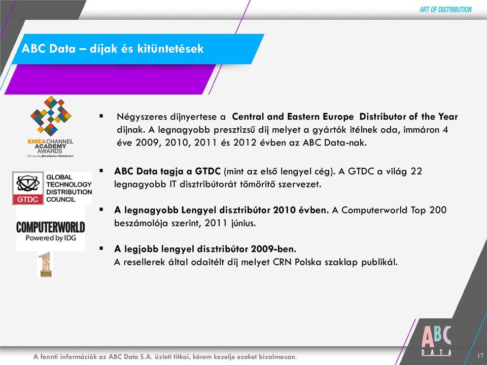 ABC Data tagja a GTDC (mint az első lengyel cég). A GTDC a világ 22 legnagyobb IT disztribútorát tömörítő szervezet.