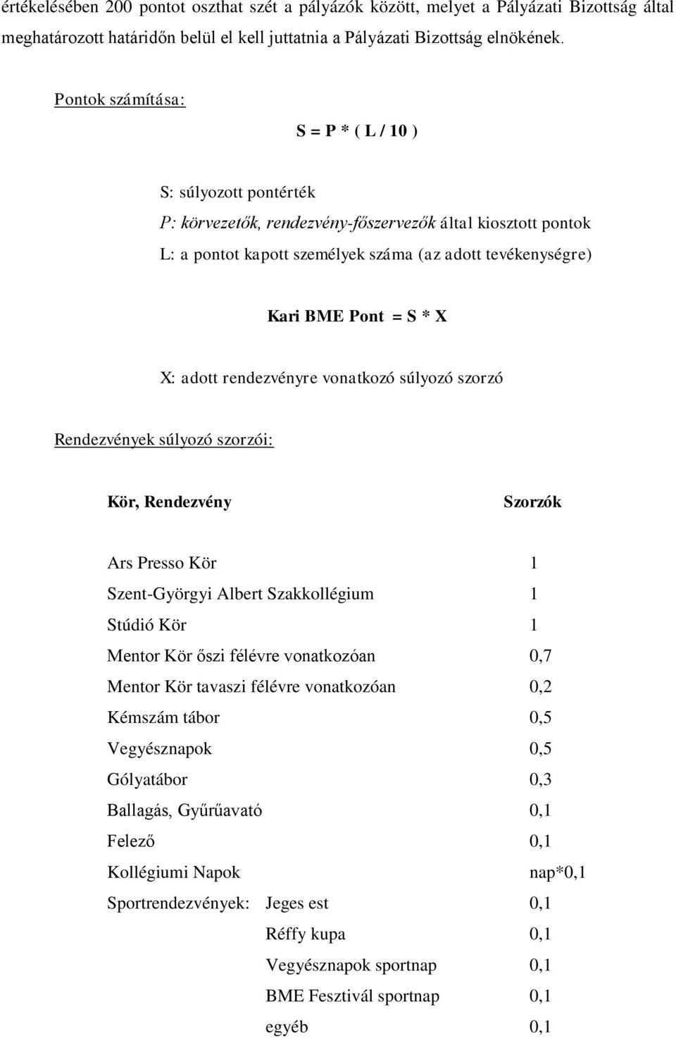 * X X: adott rendezvényre vonatkozó súlyozó szorzó Rendezvények súlyozó szorzói: Kör, Rendezvény Szorzók Ars Presso Kör 1 Szent-Györgyi Albert Szakkollégium 1 Stúdió Kör 1 Mentor Kör őszi félévre