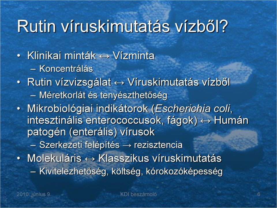 tenyészthetőség Mikrobiológiai indikátorok (Escherichia coli, intesztinális enterococcusok, fágok)