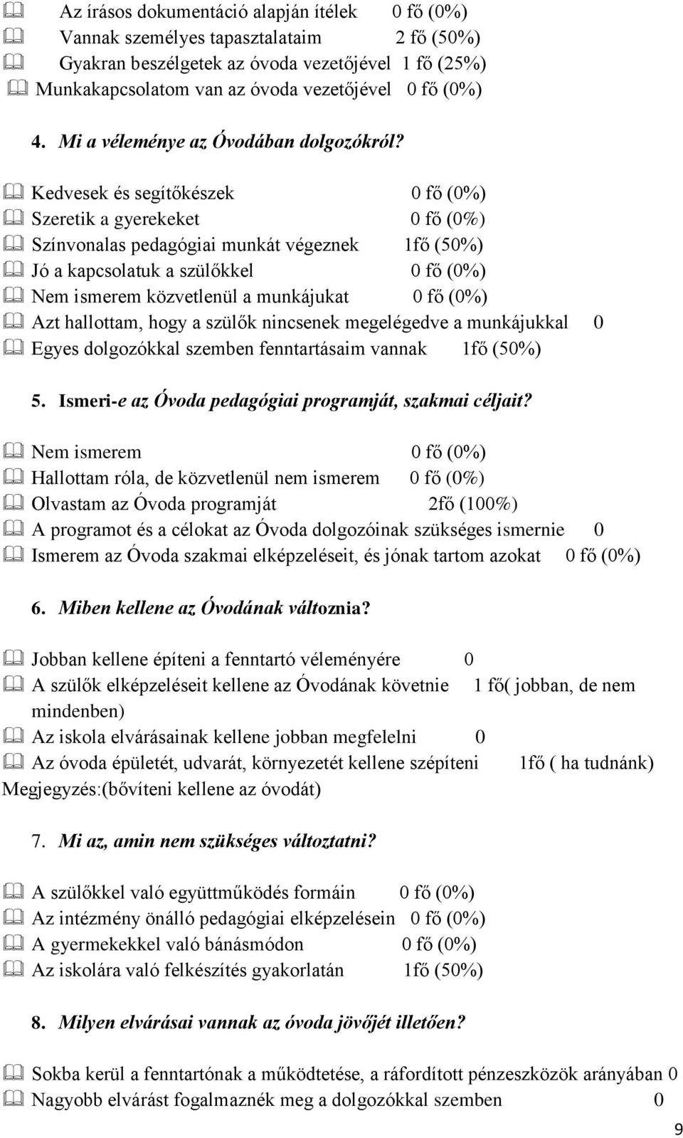 Kedvesek és segítőkészek 0 fő (0%) Szeretik a gyerekeket 0 fő (0%) Színvonalas pedagógiai munkát végeznek 1fő (50%) Jó a kapcsolatuk a szülőkkel 0 fő (0%) Nem ismerem közvetlenül a munkájukat 0 fő