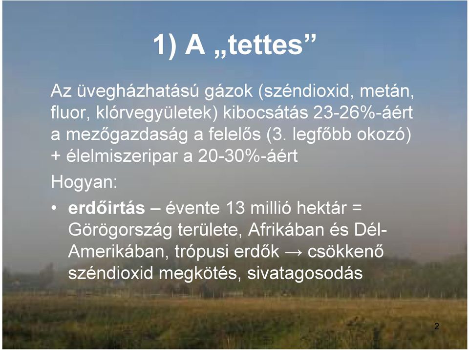 legfőbb okozó) + élelmiszeripar a 20-30%-áért Hogyan: erdőirtás évente 13 millió