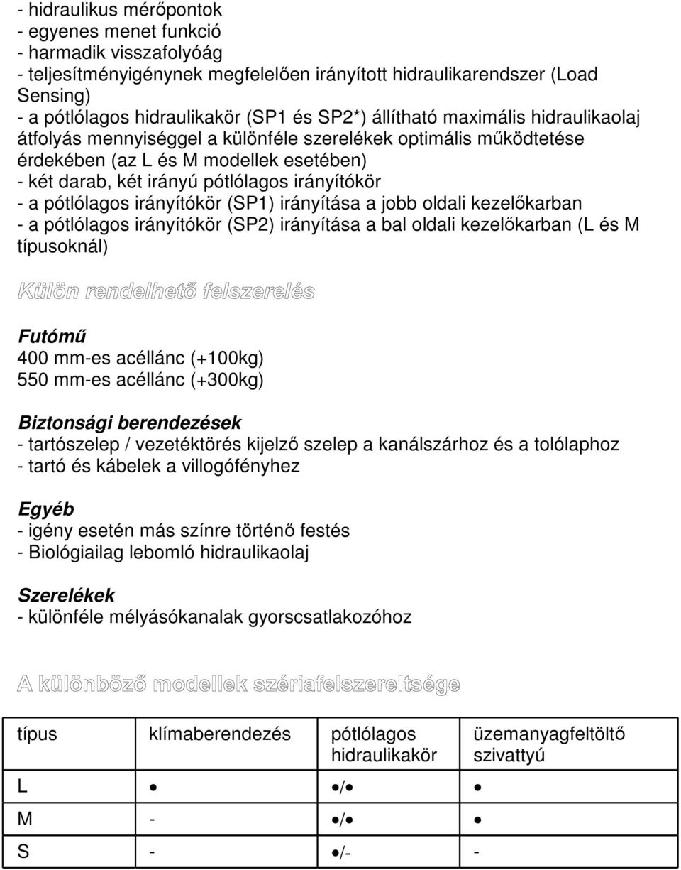 pótlólagos irányítókör (SP1) irányítása a jobb oldali kezelőkarban - a pótlólagos irányítókör (SP2) irányítása a bal oldali kezelőkarban (L és M típusoknál) Futómű 400 mm-es acéllánc (+100kg) 550