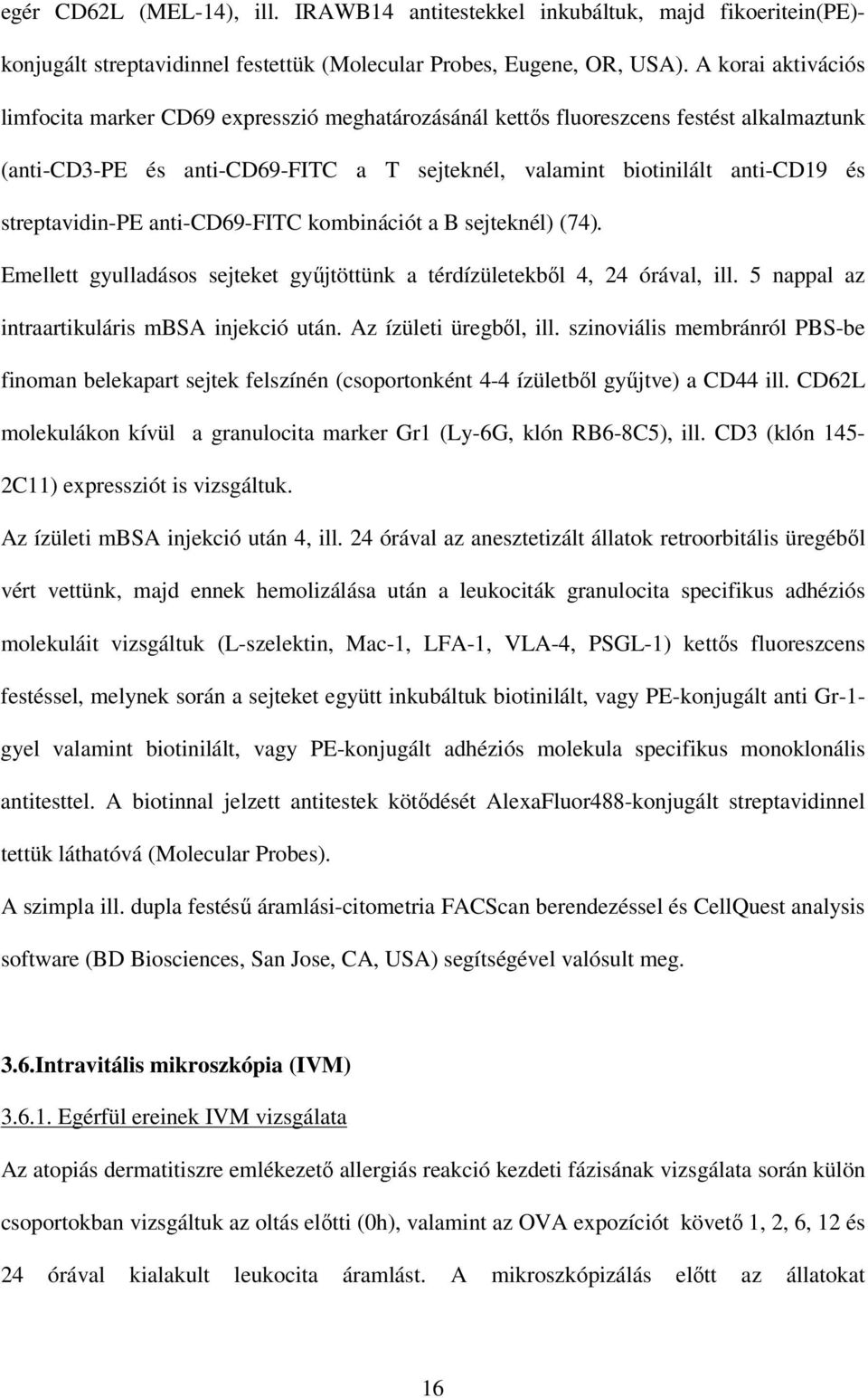 streptavidin-pe anti-cd69-fitc kombinációt a B sejteknél) (74). Emellett gyulladásos sejteket győjtöttünk a térdízületekbıl 4, 24 órával, ill. 5 nappal az intraartikuláris mbsa injekció után.