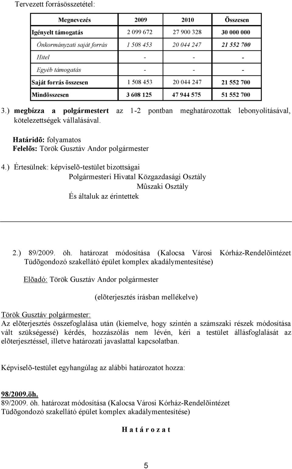 ) megbízza a polgármestert az 1-2 pontban meghatározottak lebonyolításával, kötelezettségek vállalásával. Határidõ: folyamatos Felelõs: Török Gusztáv Andor polgármester 4.