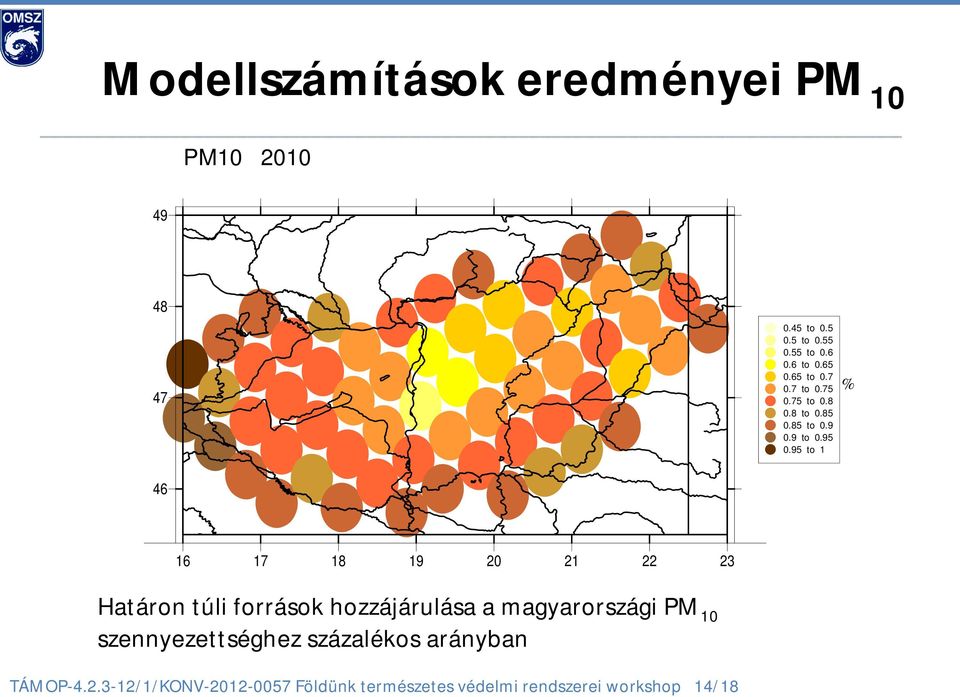95 to 1 % 46 16 17 18 19 20 21 22 23 Határon túli források hozzájárulása a magyarországi PM 10