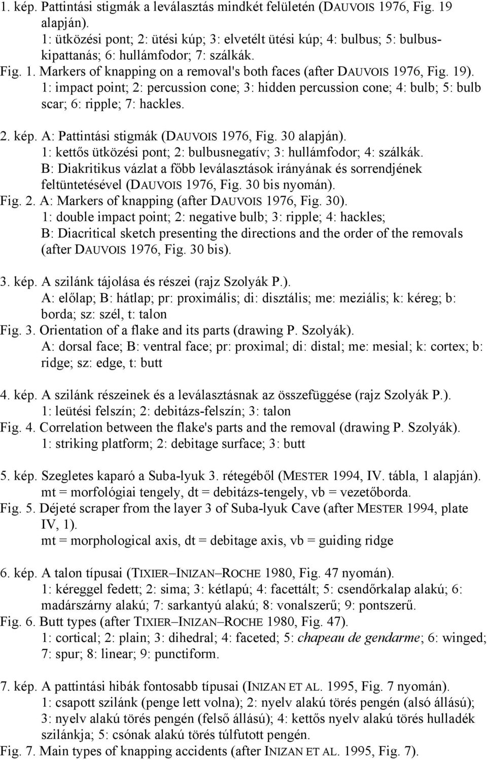 1: impact point; 2: percussion cone; 3: hidden percussion cone; 4: bulb; 5: bulb scar; 6: ripple; 7: hackles. 2. kép. A: Pattintási stigmák (DAUVOIS 1976, Fig. 30 alapján).