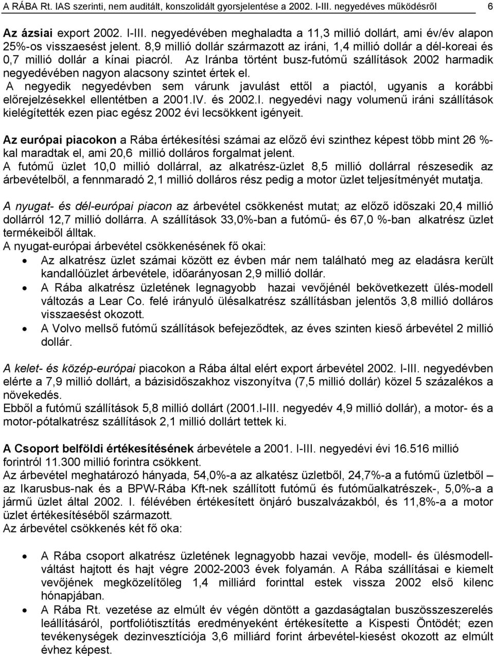 Az Iránba történt busz-futómű szállítások 2002 harmadik negyedévében nagyon alacsony szintet értek el.