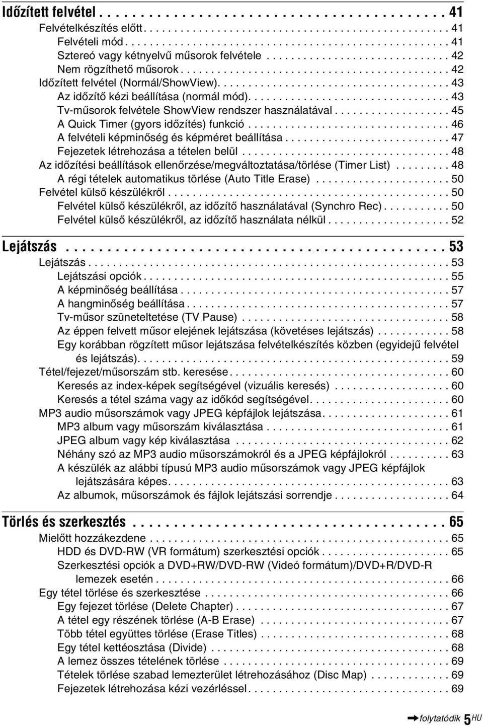 ................................ 43 Tv-műsorok felvétele ShowView rendszer használatával................... 45 A Quick Timer (gyors időzítés) funkció................................. 46 A felvételi képminőség és képméret beállítása.