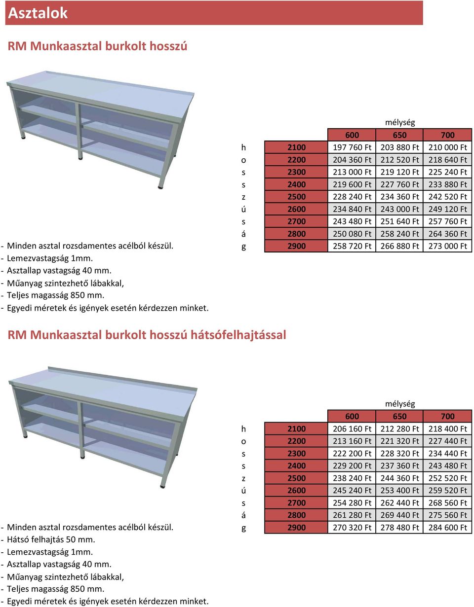 g 2900 258720 Ft 266880 Ft 273000 Ft - Lemezvatagág 1mm. - Aztallap vatagág 40 mm. - Műanyag zintezhető lábakkal, - Telje magaág 850 mm. - Egyedi méretek é igények eetén kérdezzen minket.